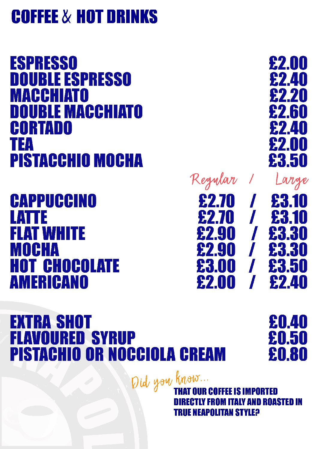 Coffee & Hot Drinks menu