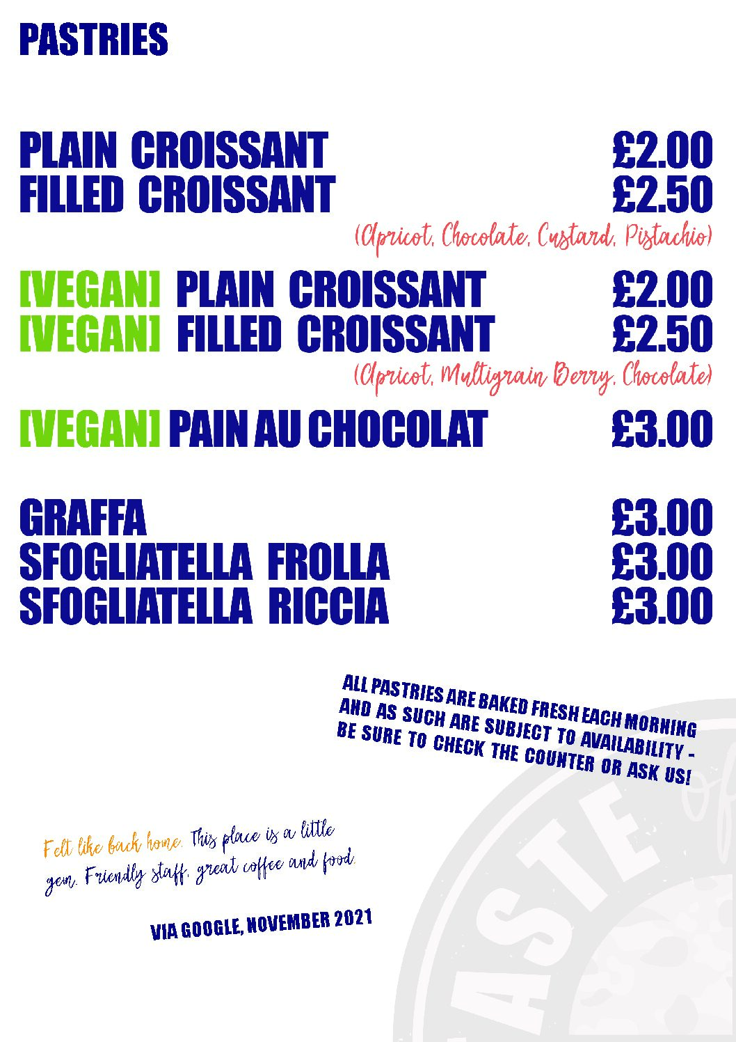 Breakfast & Pastries menu