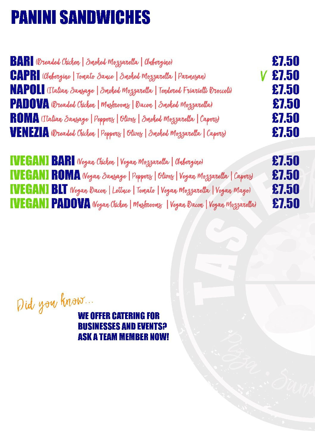 Panini Sandwiches menu
