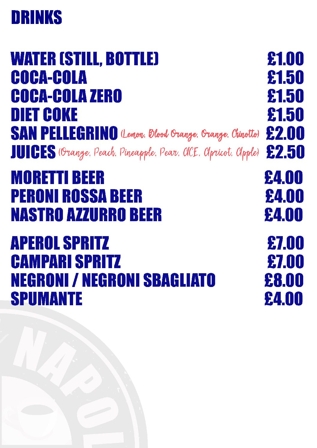 Alcohol & Soft Drinks menu